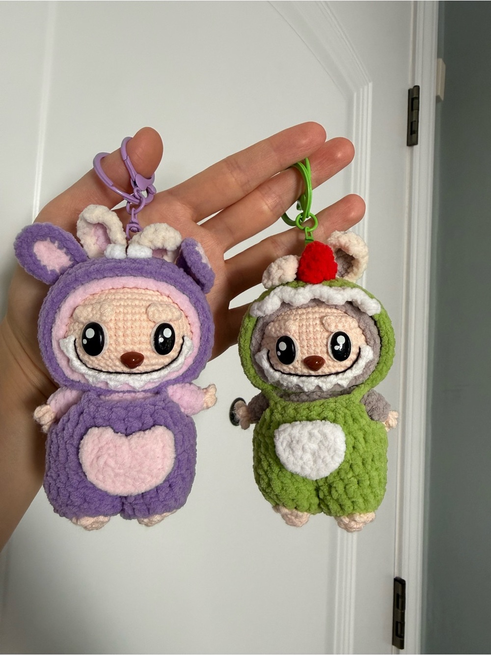 Handmade Crochet Labubu.Purple & Green Dinosaur Plush Bunny Keychain